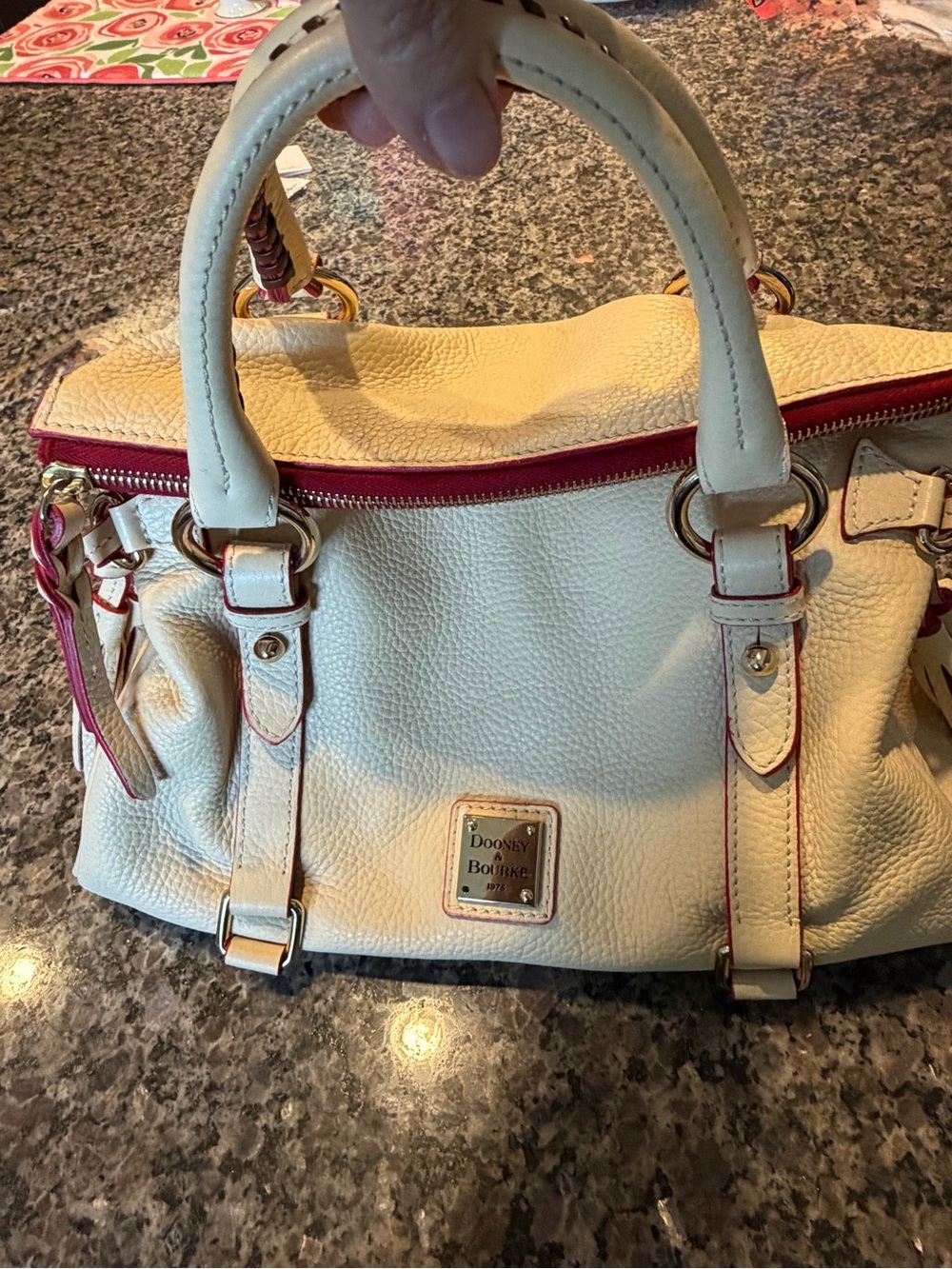 Dooney & Bourke Cream Leather Satchel with Pink Trim and Gold Hardware